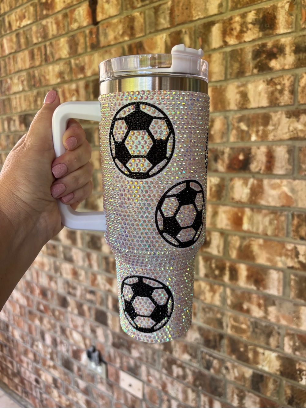 Rhinestone Soccer Travel Tumbler - Sparkling White